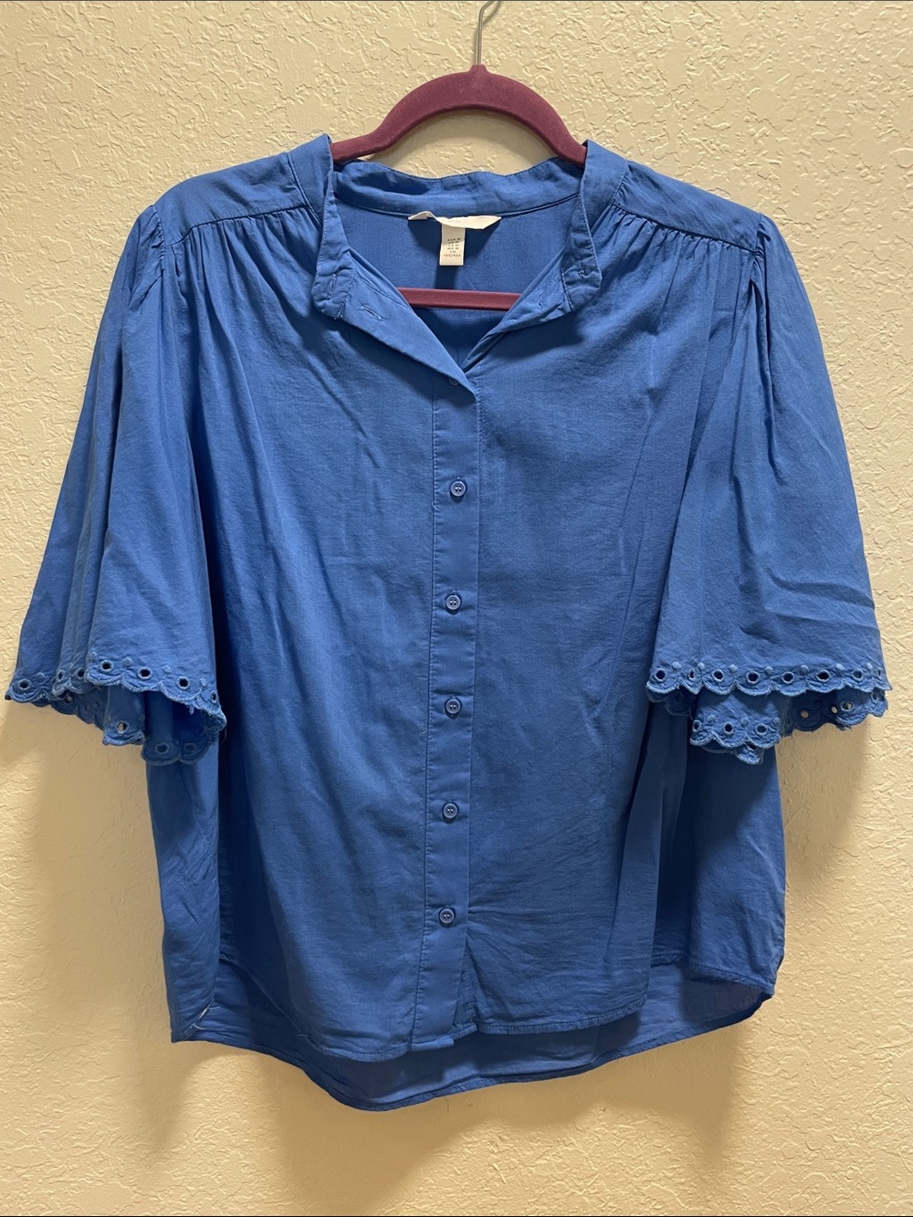 Women's Blue Button-Front Blouse with Eyelet Sleeve Detail